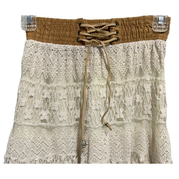 Lace Tiered Maxi Praire Skirt Sz XS-S Faux Suede Waist w Lace-up Western Boho - Picture 2 of 8